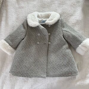 Baby Quilted Pea Coat with White Faux Fur Trim